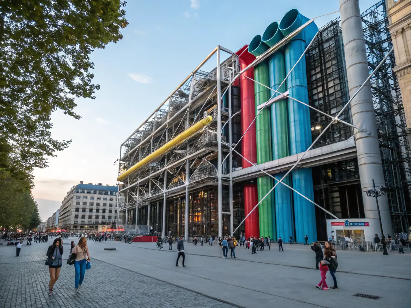 A modern and dynamic image of the Centre Pompidou, highlighting its unique architectural design and the bustling plaza in front, reflecting contemporary art and culture.